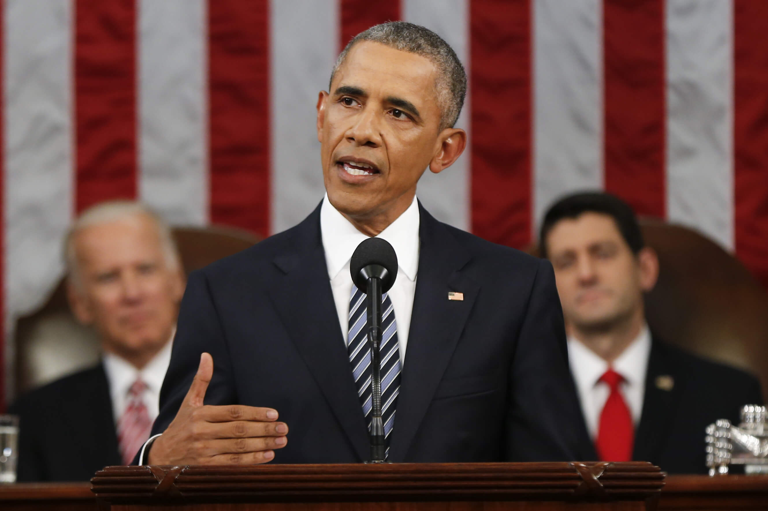 President Barack Obama delivers his State of the Union address before a joint session of Congress on Capitol Hill in Washington, Tuesday, Jan. 12, 2016. (AP Photo/Evan Vucci, Pool)