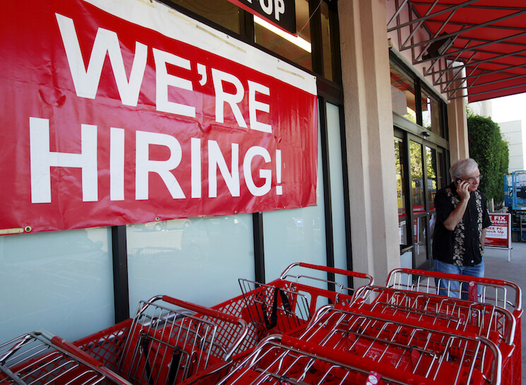 Hiring sign shown at Office Depot in Mountain View, Calif.