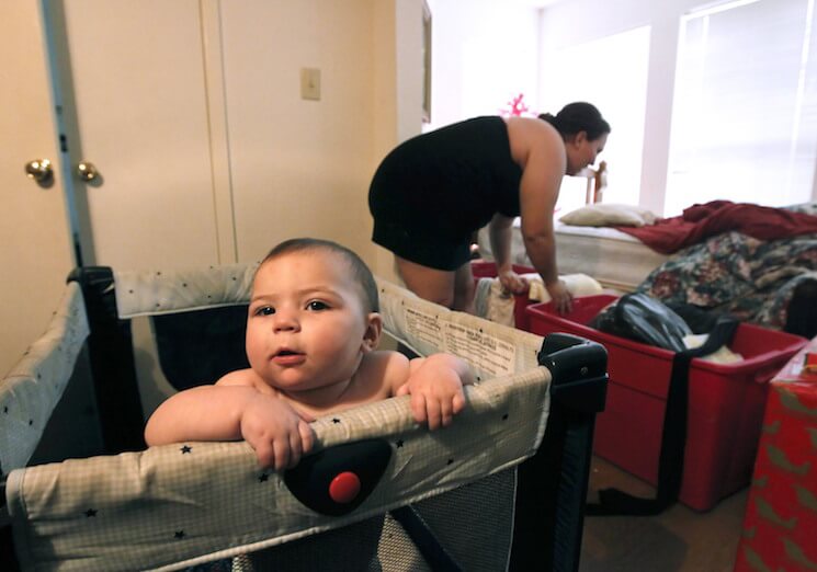 Zenobia Bechtol and her seven-month-old baby girl live in the dining room of her mother’s apartment in Austin, Texas, after Bechtol and her boyfriend were evicted from their apartment following the loss of his job.