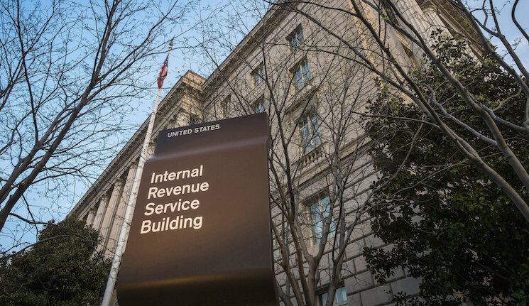 Photo of the Internal Revenue Service (IRS) headquarters building in Washington. 