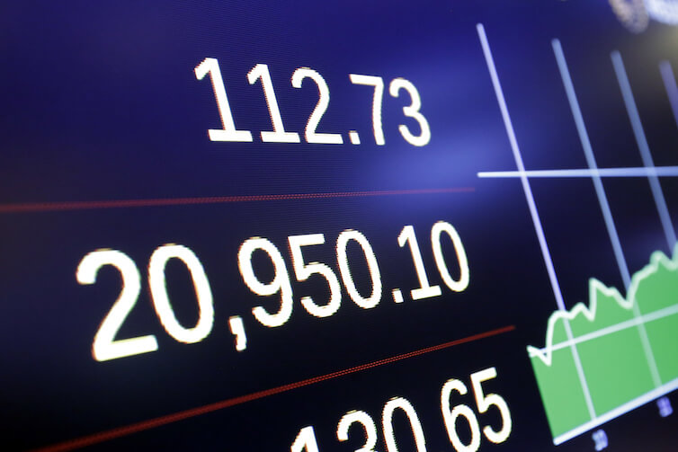 A screen on the floor of the New York Stock Exchange shows the closing number for the Dow Jones industrial average.