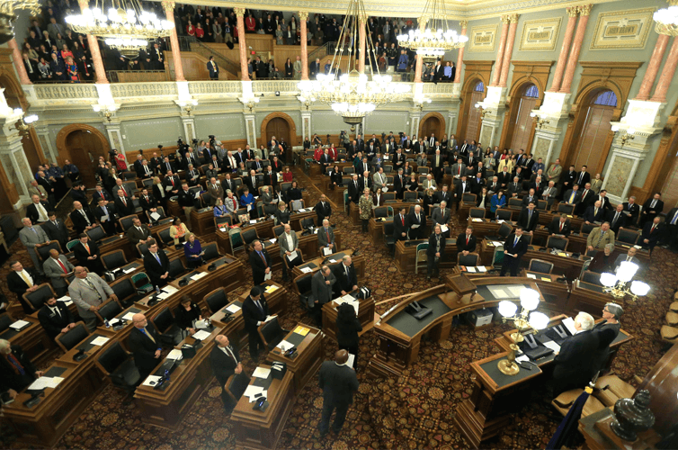 A joint session of the legislature meets in the House Chambers in Topeka, Kansas.