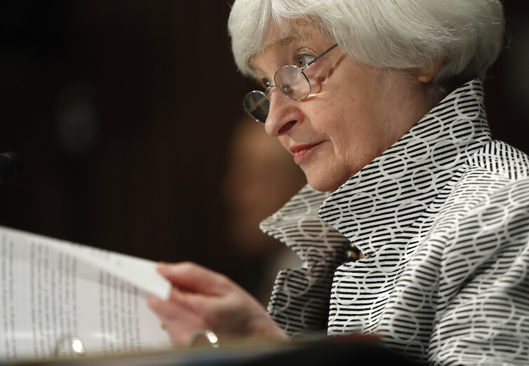 Federal Reserve Chair Janet Yellen testifies on Capitol Hill before the Senate Banking Committee. 