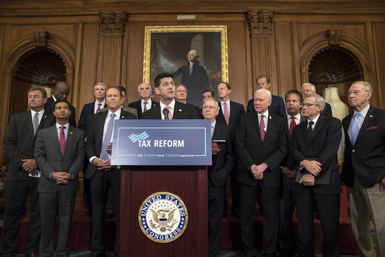 Speaker of the House Paul Ryan, R-WI, and Senate Majority Leader Mitch McConnell, R-KY, meet with reporters to announce the Republicans' proposed rewrite of the tax code for individuals and corporations. 