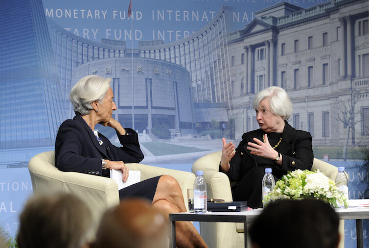 International Monetary Fund Managing Director Christine Lagarde, left, listens as Federal Reserve Chair Janet Yellen, right, speaks during a conversation at the IMF. 