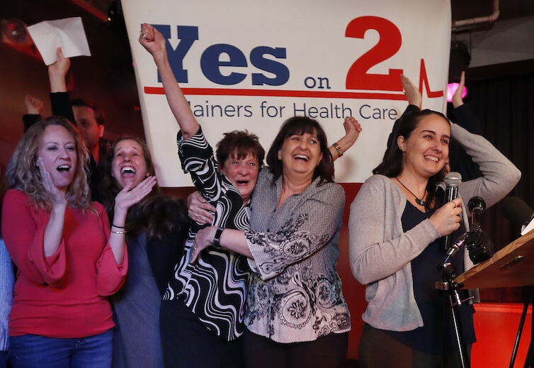 Supporters of Medicaid expansion celebrate their victory, in Portland, Maine. Voters decided they wanted Maine to expand Medicaid to some 70,000 citizens in a public referendum on November 7, 2017. 