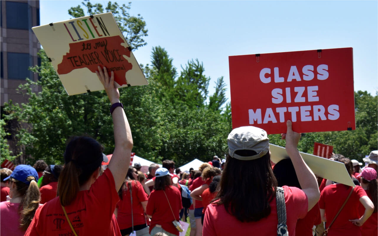 Teachers rally in downtown Raleigh, N.C., demanding more support for public schools from law makers, May 1, 2019.