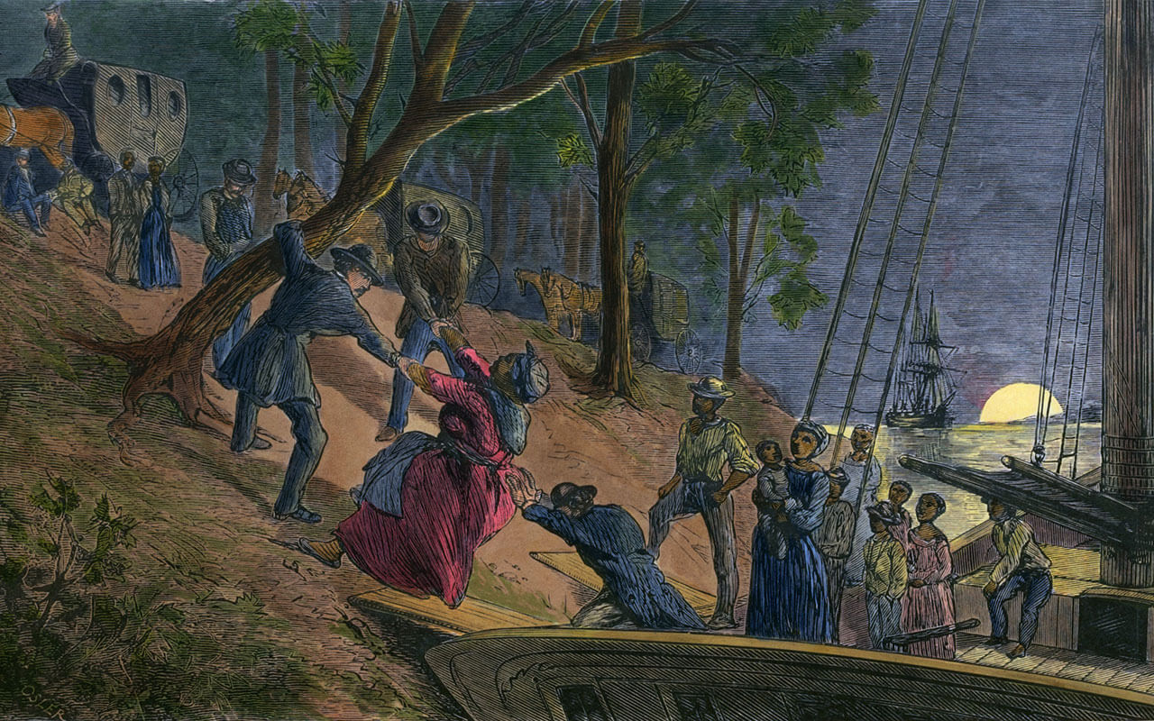 Fifteen fugitive slaves arriving in Philadelphia along the banks of the Schuylkill River in July 1856.