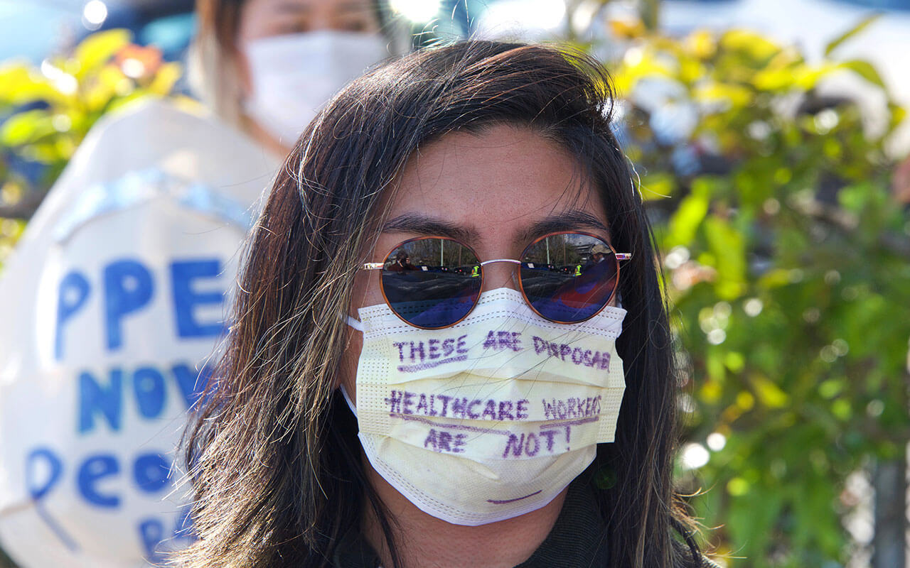 Nurses at Alameda Hospital protest inadequate Personal Protective Equipment, or PPE, among other concerns, on April 7.