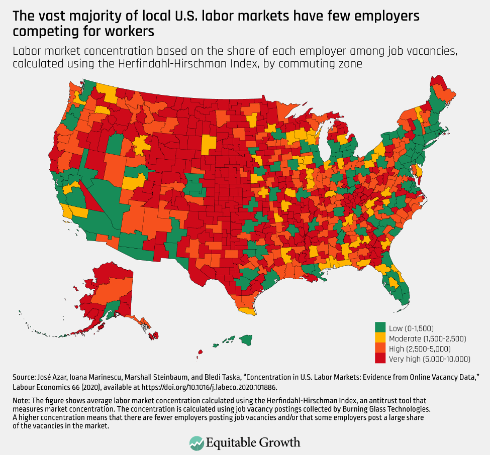 Labor market concentration based on the share of each employer among job vacancies, calculated using the Herfindahl-Hirschman Index, by commuting zone