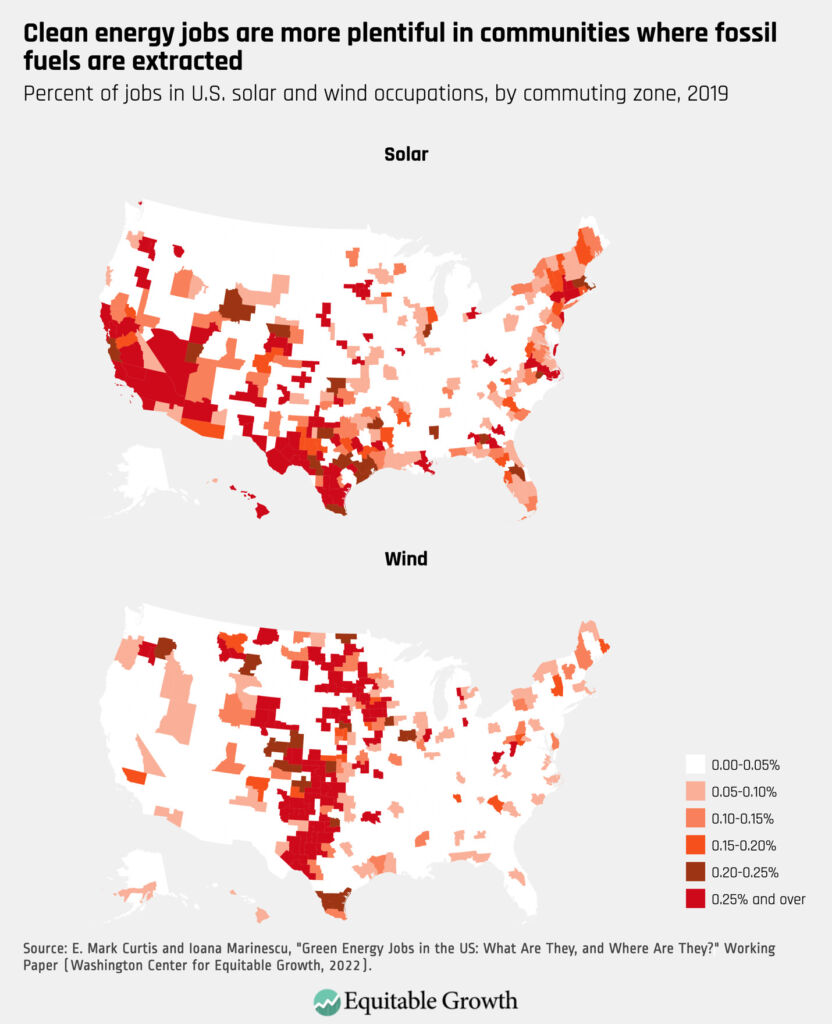 Percent of jobs in U.S. solar and wind occupations, by commuting zone, 2019