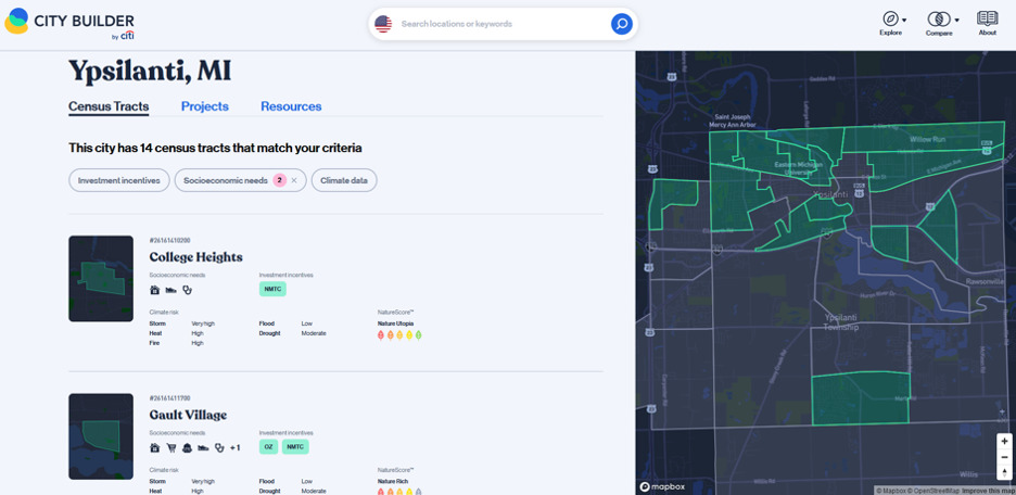 The City Builder data platform helps users learn about localities where they might want to make place-based investments