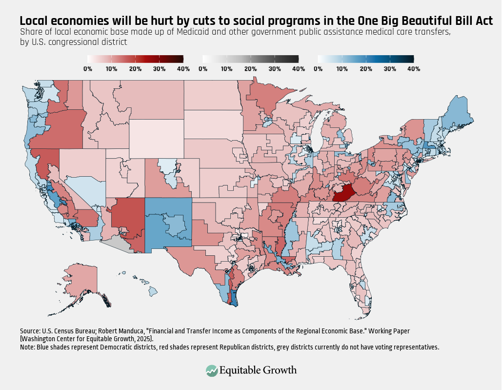 Share of local economic base made up of Medicaid and other government public assistance medical care transfers, by U.S. congressional district