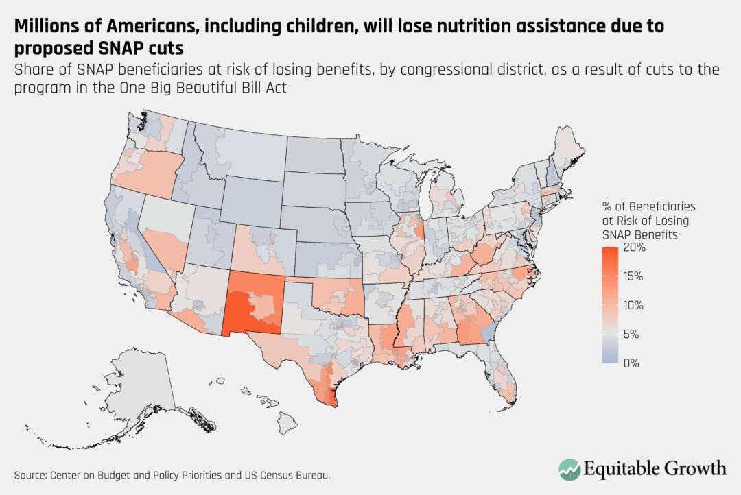 Share of SNAP beneficiaries at risk of losing benefits, by congressional district, as a result of cuts to the program in the One Big Beautiful Bill Act