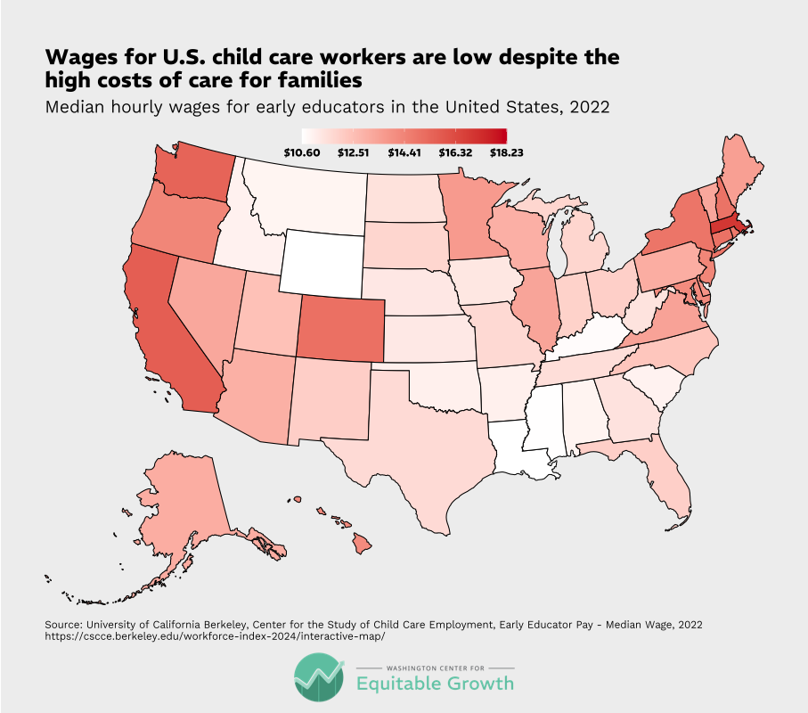 Median hourly wages for early educators in the United States, 2022
